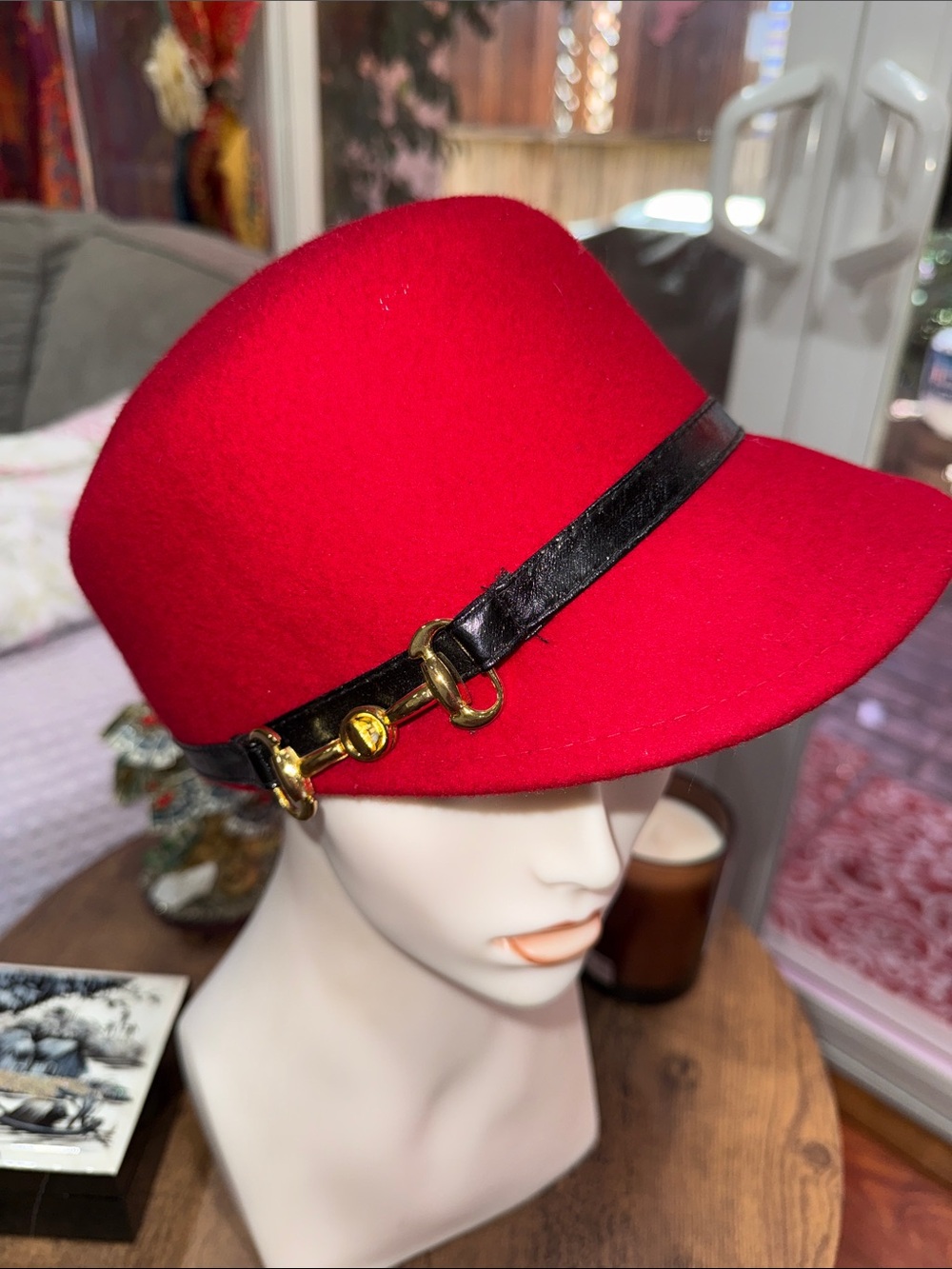 Red Wool Felt Women's Brim Hat with Black Leather Band